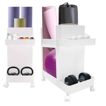JAYGOVAN Yoga Mat Storage Rack Home Gym Equipment Workout Equipment Organizer Yoga Mat Holder for Dumbbell,Kettlebell,Foam Roller Women Men Fitness Exercise Equipment Organization with Wheels (White)