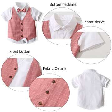 Kimocat Boy Gentleman Outfit Short Sleeve T-Shirt with Fake Vest Pants and Bowtie,Boys Casual 2Pcs Suits (2-3T, Pink)