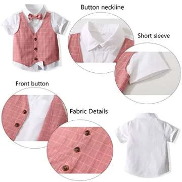Kimocat Boy Gentleman Outfit Short Sleeve T-Shirt with Fake Vest Pants and Bowtie,Boys Casual 2Pcs Suits (2-3T, Pink)
