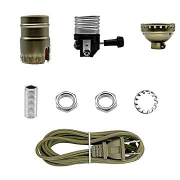 Lamp Light Kit, Antique Brass Repair or Rewiring Table Lamp Kit, 3 Way Socket and 8 Foot Matching Cord Set with Essential Hardware for Vintage Lamps or Other DIY Lighting Fixtures