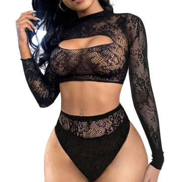 Buitifo Women Lingerie Set Front Open Bodysuit Sexy Nightwear Pajamas Set（Black T90A,M