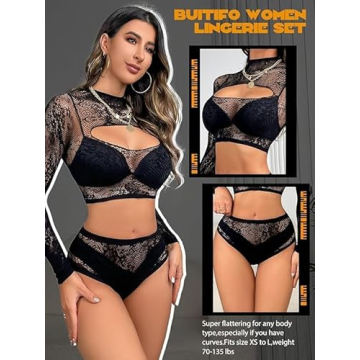 Buitifo Women Lingerie Set Front Open Bodysuit Sexy Nightwear Pajamas Set（Black T90A,M