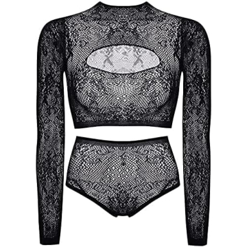 Buitifo Women Lingerie Set Front Open Bodysuit Sexy Nightwear Pajamas Set（Black T90A,M