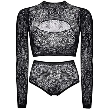 Buitifo Women Lingerie Set Front Open Bodysuit Sexy Nightwear Pajamas Set（Black T90A,M
