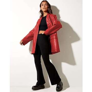ABYOVRT Women Leather Jacket Oversized Faux Leather Blazer Button Down Lapel Coat with Pockets Vintage Streetwear (Red,Medium)