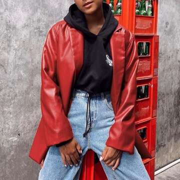 ABYOVRT Women Leather Jacket Oversized Faux Leather Blazer Button Down Lapel Coat with Pockets Vintage Streetwear (Red,Medium)