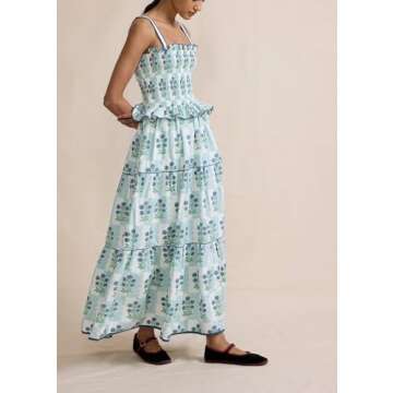 Women Sleeveless Smokced Ruffle Floral Maxi Dress Spaghetti Strap Sunflower Long Dress Boho Swing Flowy Midi Sundress