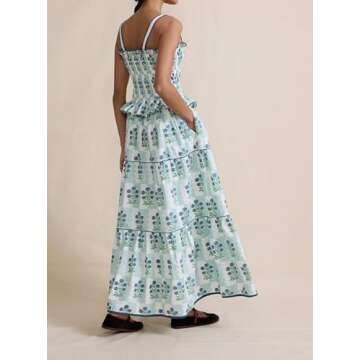 Women Sleeveless Smokced Ruffle Floral Maxi Dress Spaghetti Strap Sunflower Long Dress Boho Swing Flowy Midi Sundress