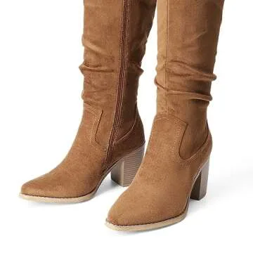 DREAM PAIRS Women's Knee-High Boots, Comfortable Chunky Block Heel Pointed Toe Pull On Side Zipper Suede Slouch Riding Boots,Size 9,Camel,SDKB2308W