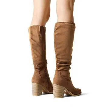 DREAM PAIRS Women's Knee-High Boots, Comfortable Chunky Block Heel Pointed Toe Pull On Side Zipper Suede Slouch Riding Boots,Size 9,Camel,SDKB2308W