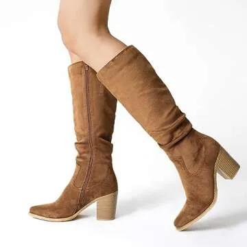 DREAM PAIRS Women's Knee-High Boots, Comfortable Chunky Block Heel Pointed Toe Pull On Side Zipper Suede Slouch Riding Boots,Size 9,Camel,SDKB2308W