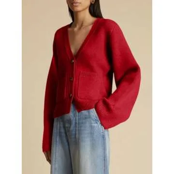 Saodimallsu Womens Button Down Cardigan Sweaters Cropped Deep V Neck Open Front Long Sleeve Fall Kni...