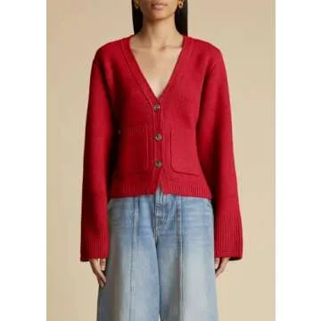 Saodimallsu Womens Button Down Cardigan Sweaters Cropped Deep V Neck Open Front Long Sleeve Fall Knit Sweater Coats Red