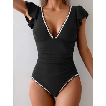 Aidonger Women's One Piece Ruffle Swimsuit Tummy Control Bathing Suit V Neck Shell Stitched Swim Sui...