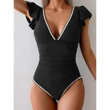 Aidonger Women's One Piece Ruffle Swimsuit Tummy Control Bathing Suit V Neck Shell Stitched Swim Sui...