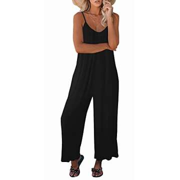 snugwind Womens Casual Sleeveless Strap Loose Adjustable Jumpsuits Stretchy Long Pants Romper with Pockets Large Black
