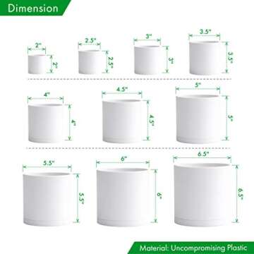 D'vine Dev 10 Pack Plastic Plant Pots for Plants, 6.5/6/5.5/5/4.5/4/3.5/3/2.5/2 Inch Indoor Planters Cylindrical Succulent Pot with Drainage Hole and Saucer, White, 74-S-A