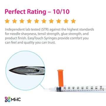 EasyTouch U-100 Insulin Syringe with Needle, 31G 0.5cc 5/16-Inch (8mm), Box of 100