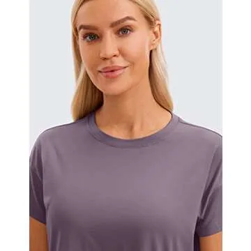 CRZ YOGA Women's Pima Cotton Workout Short Sleeve Shirts Loose Athletic Crop Tops Gym Casual Cropped T-Shirt Purple Gray Large