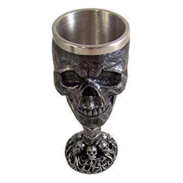 Metallic Finish Grinning Skull Wine Goblet with Stainless Steel Liner, 5 Ounce
