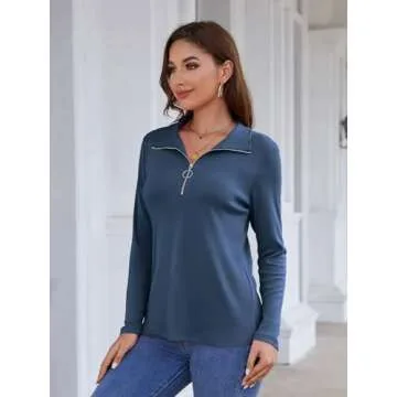 Minetom Women's Long Sleeve Tops Quarter Zip Pullover Collared Shirts Fall Clothes A Navy Blue