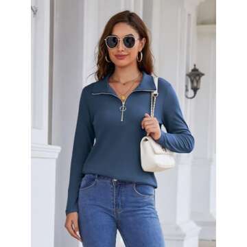 Minetom Women's Long Sleeve Tops Quarter Zip Pullover Collared Shirts Fall Clothes A Navy Blue