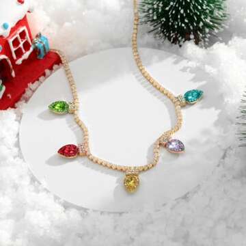 INNERDIVA Christmas Necklace Colorful Sparkly Rhinestone Necklace Statement Necklaces for Women Christmas Holiday Jewelry Present