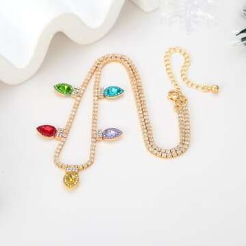 INNERDIVA Christmas Necklace Colorful Sparkly Rhinestone Necklace Statement Necklaces for Women Christmas Holiday Jewelry Present