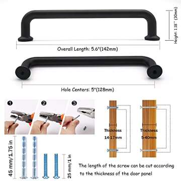 Bestory 10 Pack Hole Center 5''(128mm) Matte Black Kitchen Cabinet Pulls.Zinc Alloy Solid Round Cabi...