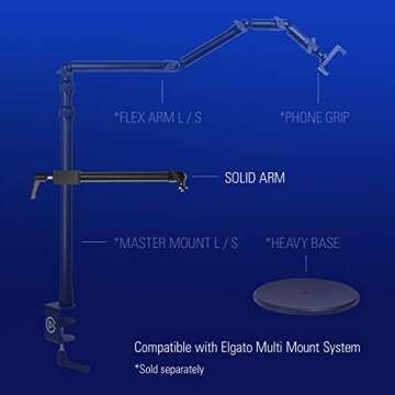 Elgato Solid Arm, Holding Arm with Padded Clamp for easy Mounting and Adjusting of Lights, Cameras, and Microphones, for Streaming, Videoconferencing, and Studios