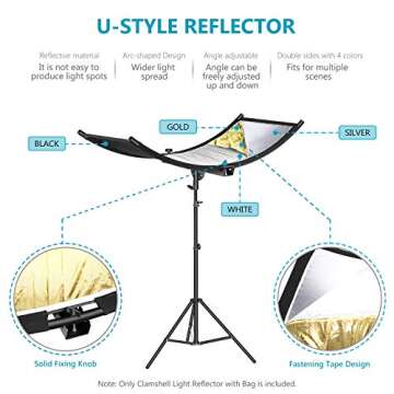 Neewer Clamshell Light Reflector Diffuser with Carrying Bag, 39”×18”/100x45cm Photography Curved Lighting Reflector for Photo Studio Photography, Black/White/Gold/Silver Colors (Stand Not Included)