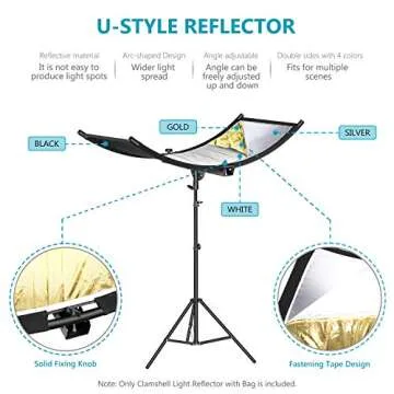 Neewer Clamshell Light Reflector Diffuser with Carrying Bag, 39”×18”/100x45cm Photography Curved Lighting Reflector for Photo Studio Photography, Black/White/Gold/Silver Colors (Stand Not Included)