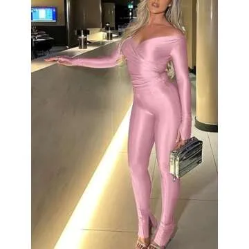 acelyn Women's Sexy 2 Piece Outfits V Neck Ruched Top Bodycon Flared Pant Set Y2k Streetwear Sweatsuit Pink XS