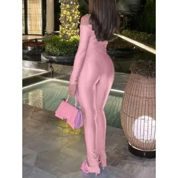 acelyn Women's Sexy 2 Piece Outfits V Neck Ruched Top Bodycon Flared Pant Set Y2k Streetwear Sweatsuit Pink XS