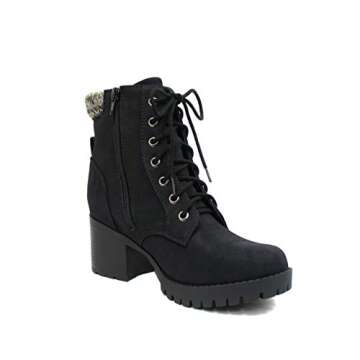 Soda Single Lug Sole Chunky Heel Combat Ankle Boot Lace up w/Side Zipper (7.5, Black (Nubuck))