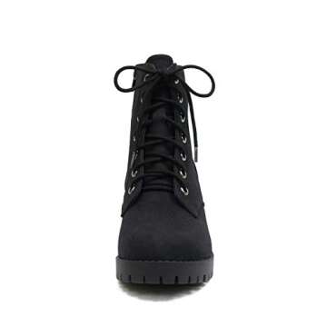 Soda Single Lug Sole Chunky Heel Combat Ankle Boot Lace up w/Side Zipper (7.5, Black (Nubuck))