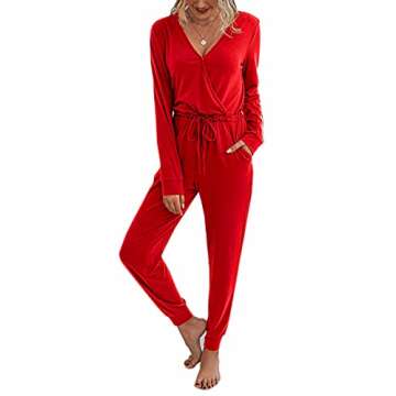 Adibosy Women Jumpsuits Long Sleeve: Casual Pant Rompers for Womens V Neck Jumper One Piece Outfits with Pockets Bright Red M