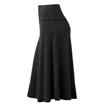 Lock and Love LL WB1105 Womens Lightweight Fold Over Flared Midi Skirt M Black