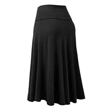 Lock and Love LL WB1105 Womens Lightweight Fold Over Flared Midi Skirt M Black