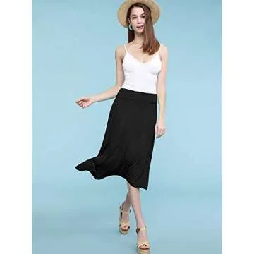 Lock and Love LL WB1105 Womens Lightweight Fold Over Flared Midi Skirt M Black