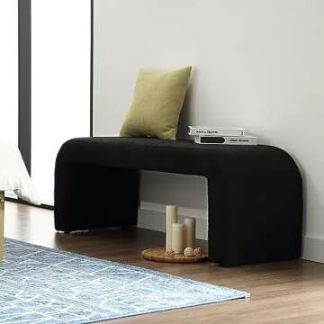 BESTANO 49.5'' Black Bench Faux Fur Comfy Upholstered Boucle Teddy Fabric Bench End of Bed Ottoman for Bedroom Living Room Entryway, Black