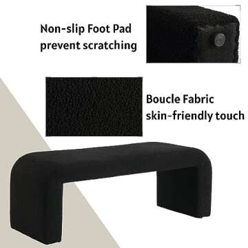BESTANO 49.5'' Black Bench Faux Fur Comfy Upholstered Boucle Teddy Fabric Bench End of Bed Ottoman for Bedroom Living Room Entryway, Black