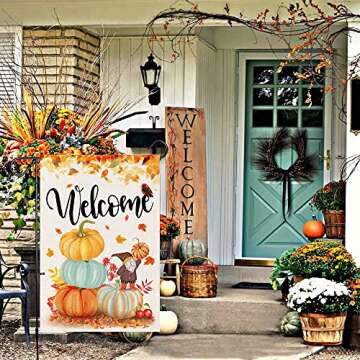 Hexagram Fall Garden Flags 12 x 18 Inch Autumn Orange Pumpkins Gnome Decorative Fall Yard Small Flags For Outdoor Yard Porch Garden Lawn Double Sided Burlap Welcome Fall Flags Home Decor