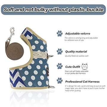 Yizhi Miaow Cat Harness and Leash for Walking Escape Proof, Adjustable Cat Vest Harness, Padded Stylish Cat Walking Jackets, Polka Dot Blue, Medium