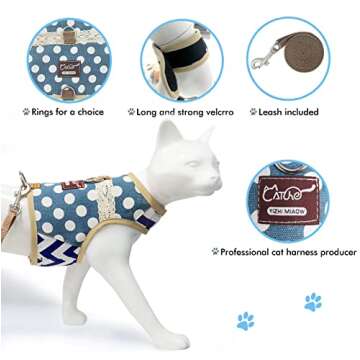 Yizhi Miaow Cat Harness and Leash for Walking Escape Proof, Adjustable Cat Vest Harness, Padded Stylish Cat Walking Jackets, Polka Dot Blue, Medium