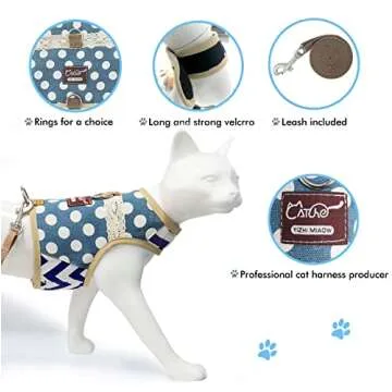 Yizhi Miaow Cat Harness and Leash for Walking Escape Proof, Adjustable Cat Vest Harness, Padded Stylish Cat Walking Jackets, Polka Dot Blue, Medium