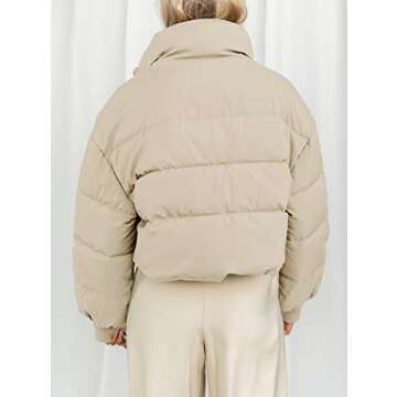 KYL Women's Winter Cropped Puffer Jacket Oversized Zip-Up Quilted Puffy Short Down Coat Beige Small