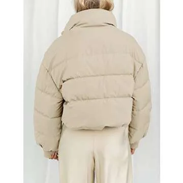 KYL Women's Winter Cropped Puffer Jacket Oversized Zip-Up Quilted Puffy Short Down Coat Beige Small