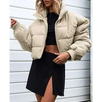 KYL Women's Winter Cropped Puffer Jacket Oversized Zip-Up Quilted Puffy Short Down Coat Beige Small