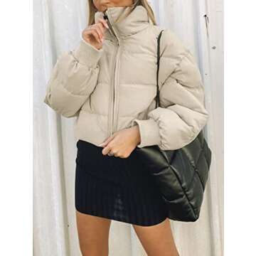 KYL Women's Winter Cropped Puffer Jacket Oversized Zip-Up Quilted Puffy Short Down Coat Beige Small